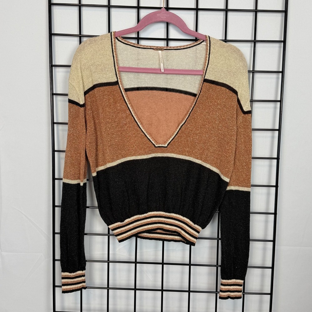 Free People Gold Dust‎ Pullover Sweater Womens Small Plunge V-neck Holiday NYE